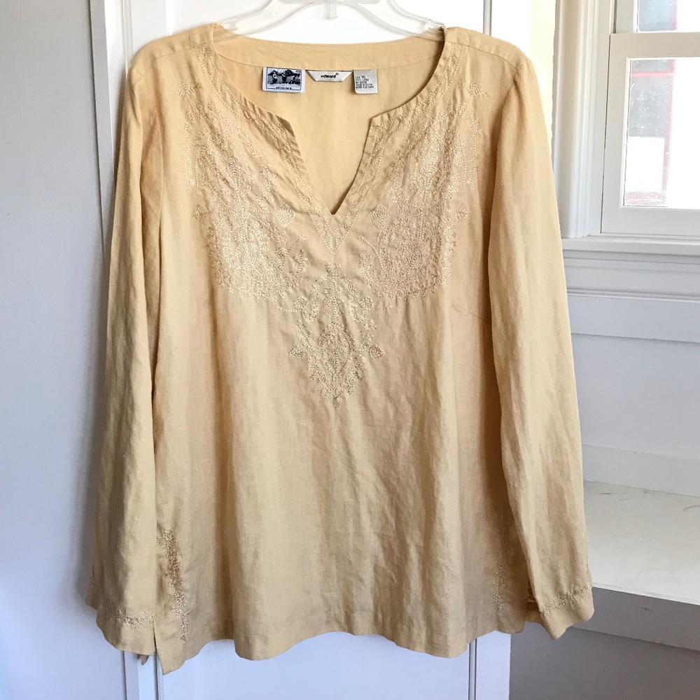 EDWARD 100% Irish Linen Boho Embroidered Blouse Women’s Size X-Large